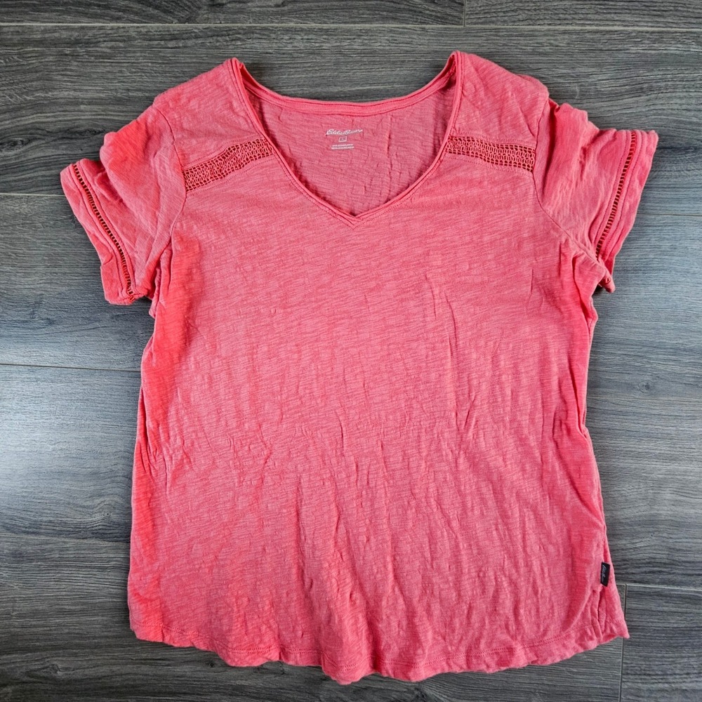 Eddie Bauer Womens L Coral Pink Slub Knit V-Neck Lace Trim Short Sleeve Tee Top